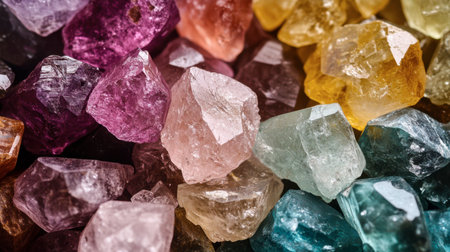 A pile of raw, uncut gems in a variety of colors, offering a glimpse of their natural beauty.の素材