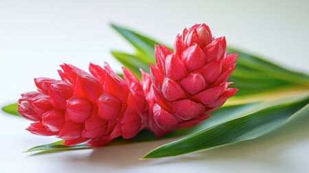 A pair of vibrant red ginger flowers with green leaves on a white background, focusing on their natural beauty.の素材