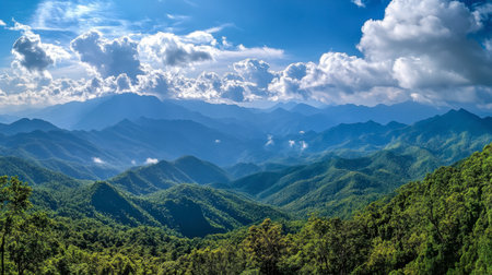 A panoramic view from the highest peak in Ackmon National Park, showcasing the expansive mountain ranges and dense forests.の素材