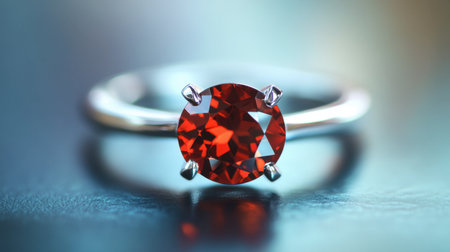 A polished garnet gemstone gleaming on a silver band, its rich red hue catching the eye.の素材