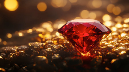 A red ruby gemstone placed in a gold setting, glowing with a rich, deep color under warm lighting.の素材