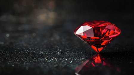 A radiant ruby gemstone shimmering on a reflective black surface, capturing the intensity of its red color.の素材