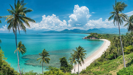 A panoramic shot of Koh Samui beaches, with palm trees and blue waters stretching as far as the eye can see.の素材