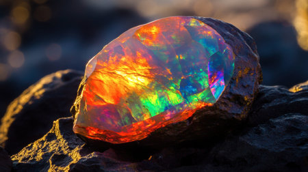 A radiant opal gemstone reflecting fiery colors under a bright light, its iridescent hues dancing across the surface.の素材