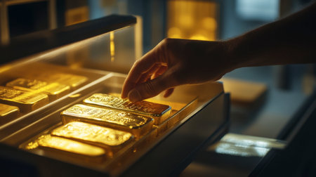 A hand carefully placing a gold bar into a transparent display case, with soft lighting accentuating its brilliance.の素材