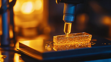 A gold bar being tested with a gold testing kit, with a focus on the chemical reactions and testing equipment.の素材