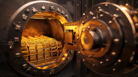 A high-tech vault door partially open, revealing a collection of gold bars stacked securely inside.の素材