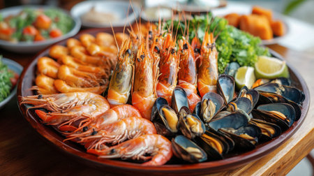 A delicious spread of shellfish, including prawns, clams, and mussels, served on a wooden table at a Hua Hin resort.の素材