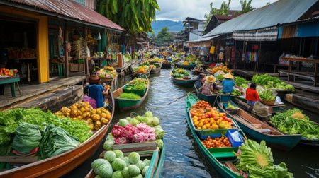 A floating market in Thailand, vibrant with colorful boats and fresh produce, surrounded by tourists.の素材