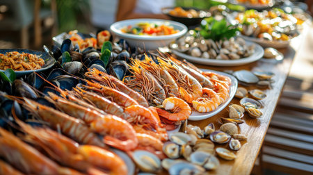 A delicious spread of shellfish, including prawns, clams, and mussels, served on a wooden table at a Hua Hin resort.の素材