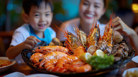 A family enjoying a seafood feast of grilled shellfish and prawns at a seaside restaurant in Hua Hin.の素材