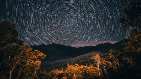 A long exposure of the night sky in Ackmon National Park, capturing star trails over the mountains and trees.の素材