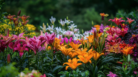 A lily flower bed in a lush garden, a variety of colors standing out against a green backdrop.の素材