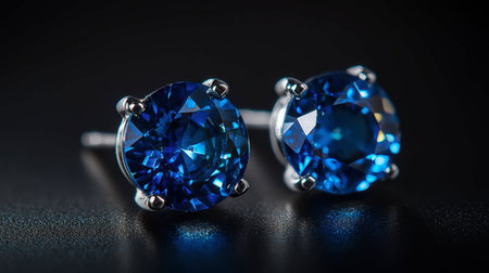 A pair of sapphire earrings sparkling against a black background, their deep blue color glowing in the light.の素材