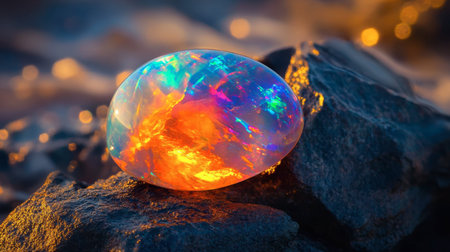 A radiant opal gemstone reflecting fiery colors under a bright light, its iridescent hues dancing across the surface.の素材