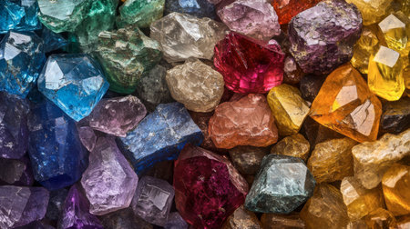 A pile of raw, uncut gems in a variety of colors, offering a glimpse of their natural beauty.の素材