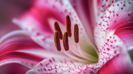 A macro shot of a stargazer lily, showcasing its rich pink and white petals with intricate details.の素材