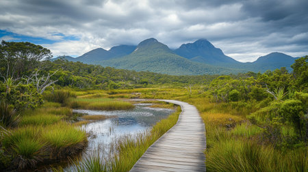 A peaceful boardwalk winding through a wetland area in Ackmon National Park, with lush greenery and distant mountains.の素材