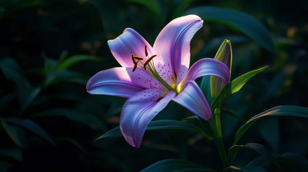 A purple lily emerging from dark green foliage, bathed in gentle sunlight.の素材