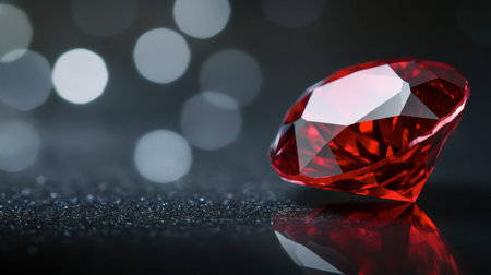 A radiant ruby gemstone shimmering on a reflective black surface, capturing the intensity of its red color.の素材