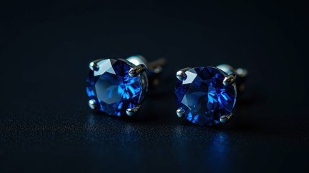 A pair of sapphire earrings sparkling against a black background, their deep blue color glowing in the light.の素材
