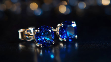 A pair of sapphire earrings sparkling against a black background, their deep blue color glowing in the light.の素材
