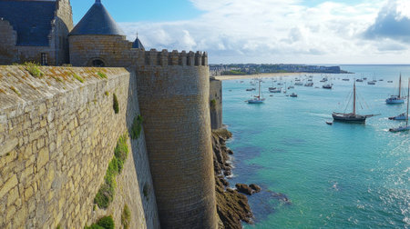 The medieval ramparts of Saint-Malo, overlooking the ocean with boats in the distance.の素材