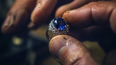 A jeweler's hands carefully placing a sapphire gem into a ring setting, showcasing the process of fine craftsmanship.の素材