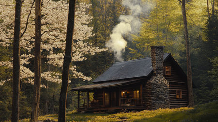A rustic cabin nestled in the woods of Ackmon National Park, with smoke rising from the chimney and the forest in full bloom.の素材