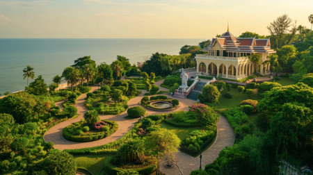 A scenic view of the Royal Palace in Hua Hin, with its gardens and sea views.の素材