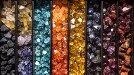 A tray of mixed gemstones in vibrant colors, ready for setting into fine pieces of jewelry.の素材