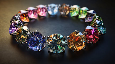A set of brilliant-cut diamonds arranged in a circle, their facets reflecting rainbow hues.の素材