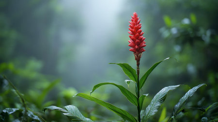 A single red ginger flower standing out against a background of misty green jungle.の素材