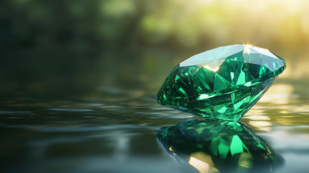 A sparkling green emerald gemstone resting on a reflective surface, capturing its vivid clarity.の素材