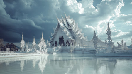 A serene view of Wat Rong Khun, the famous White Temple in Chiang Rai, with its unique architectural details.の素材