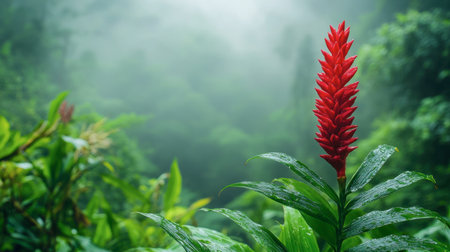 A single red ginger flower standing out against a background of misty green jungle.の素材