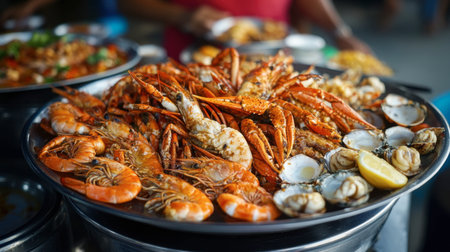 A seafood platter filled with grilled shellfish, prawns, and crabs served at a Hua Hin street food stall.の素材