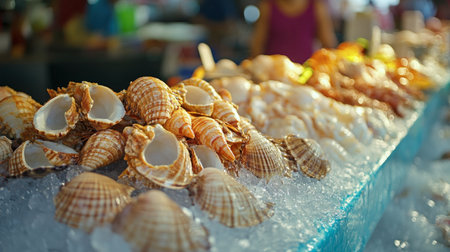 A vibrant seafood market in Hua Hin, with fresh shellfish neatly displayed on ice, ready for buyers.の素材