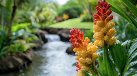 A view of red and yellow ginger flowers swaying gently in the breeze in a tropical setting.の素材