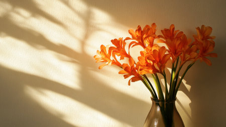 An artistic shot of orange ginger flowers in a vase, casting shadows against a light-colored wall.の素材