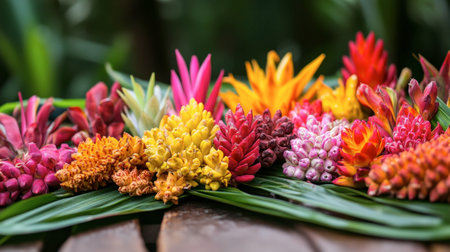 An assortment of tropical ginger flowers spread out on a table, showcasing their diverse colors and shapes.の素材