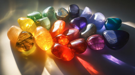 An arrangement of polished gemstones in all colors of the rainbow, glowing under a bright spotlight.の素材