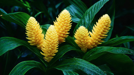 Bright yellow ginger flowers blooming against a backdrop of deep green leaves, showcasing their unique shapes.の素材