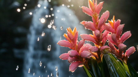 Bright pink ginger flowers blooming by a waterfall, with droplets of water catching the sunlight.の素材