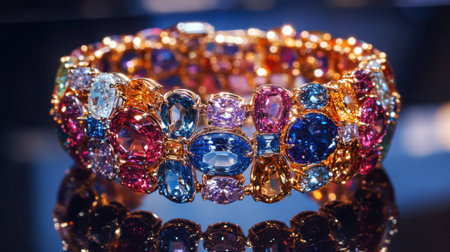 An elegant bracelet adorned with multicolored gemstones, arranged in a symmetrical pattern.の素材