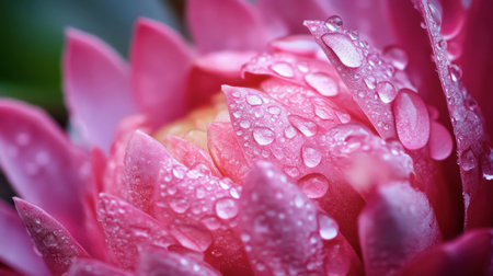 An up-close view of the intricate petals of a pink ginger flower, with water droplets from recent rain.の素材