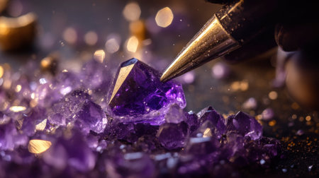 Close-up of a gem cutter working on a raw amethyst, with fine dust particles reflecting in the light.の素材