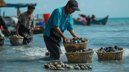 Fishermen in Hua Hin wading through shallow waters, gathering clams and mussels for the local market.の素材