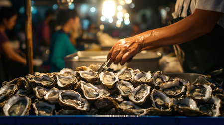 Fresh oysters being shucked at a seafood stall in Hua bustling night market, surrounded by eager customers.の素材