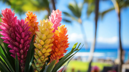 Colorful ginger flowers used in a tropical flower arrangement for an outdoor event, with palm trees in the background.の素材